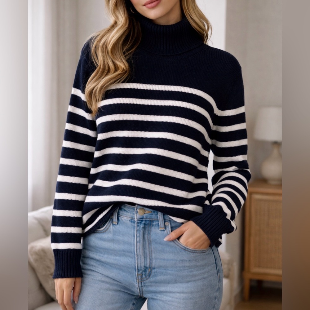 J.Crew Navy White Stripe Turtleneck Sweater Large 100% Cotton